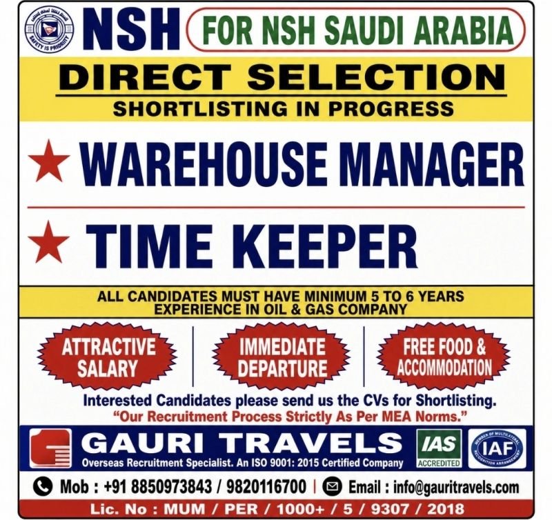 Saudi Arabia Jobs 2026 – Warehouse Manager & Time Keeper Vacancies | NSH