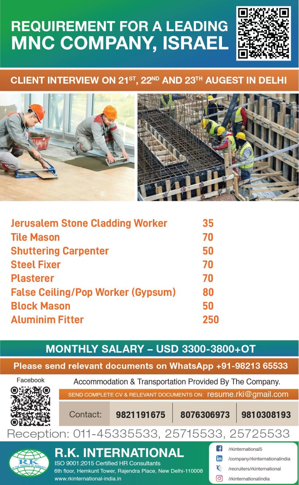 Israel Construction Jobs 2026 – 725 Vacancies for Masons, Carpenters, Steel Fixers and Aluminum Fitters