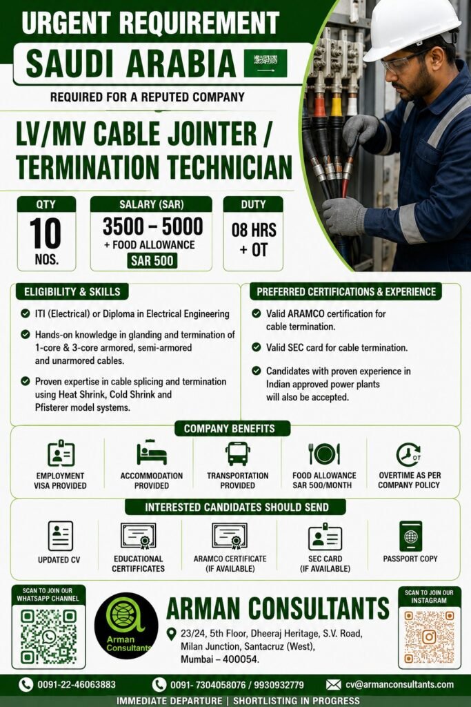 Saudi Arabia Jobs 2026: 10 LV/MV Cable Jointer & Termination Technician Vacancies