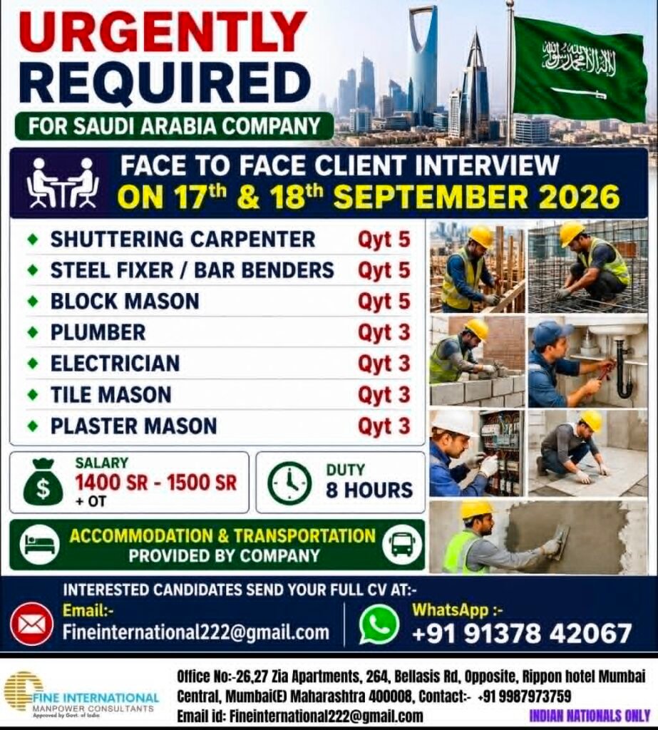 Saudi Arabia Jobs 2026: hiring skilled workers for several construction-related positions
