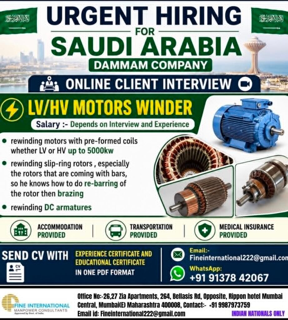 Saudi Arabia Jobs 2026: LV/HV Motors Winder Vacancy in Dammam