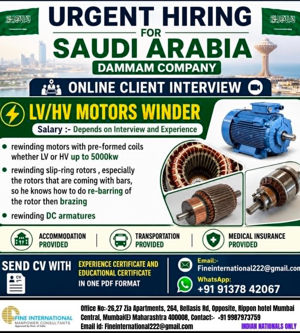 Saudi Arabia Jobs 2026: LV/HV Motors Winder Vacancy in Dammam