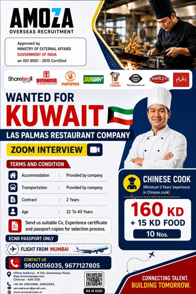 Kuwait Restaurant Jobs 2026 – Chinese Cook Vacancies with 160 KD Salary