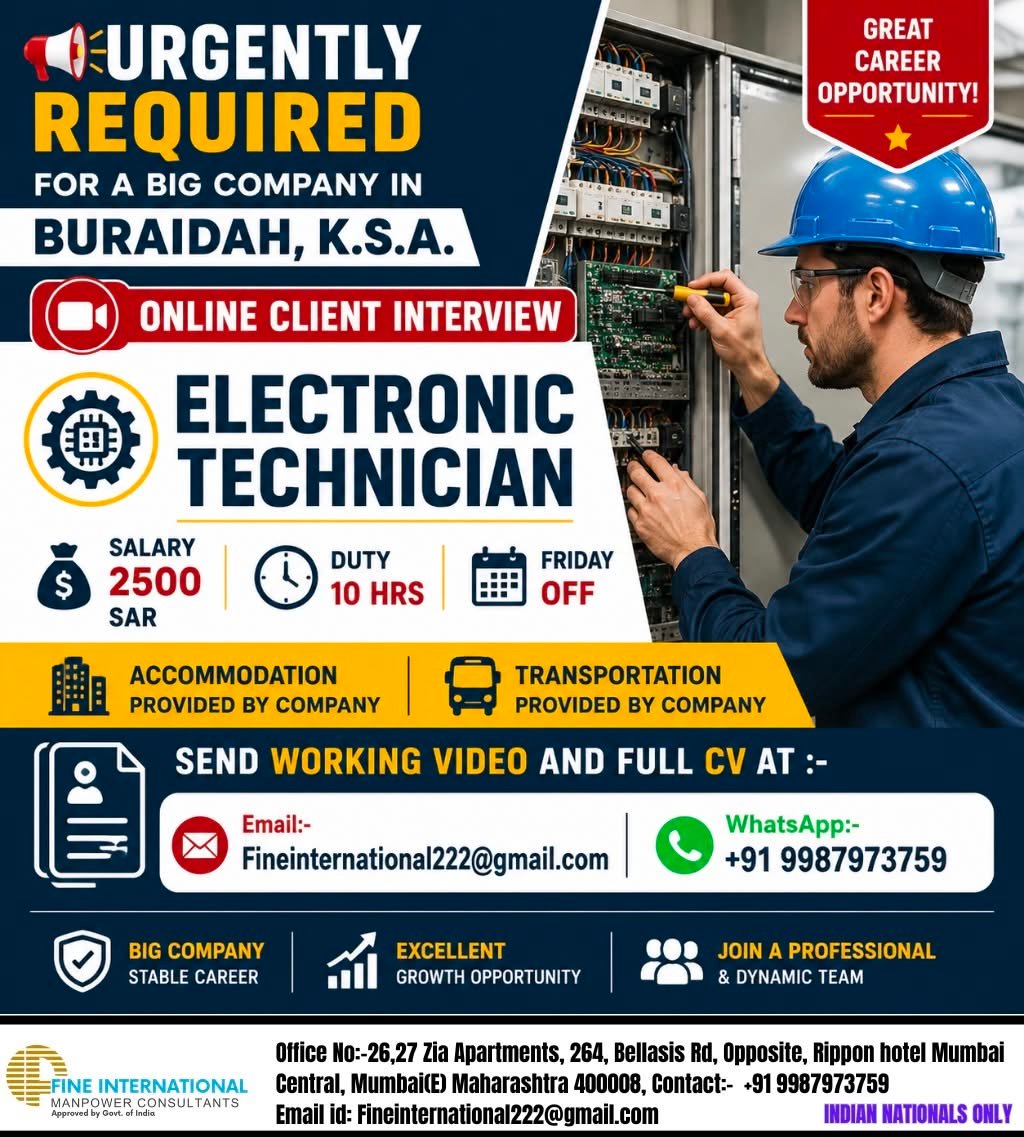 Electronic Technician Jobs in Saudi Arabia 2026 – Free Recruitment | Online Client Interview