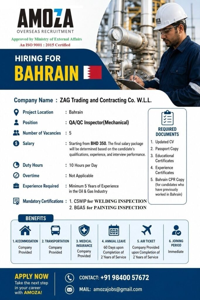 Bahrain Jobs 2026 – QA/QC Mechanical Inspector Vacancy | Oil & Gas Industry