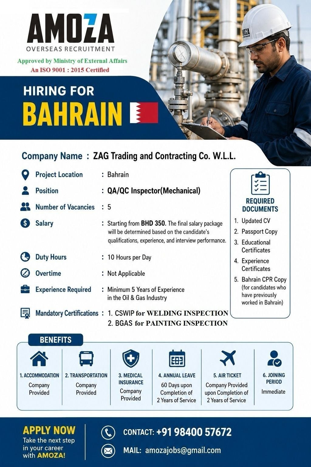 Bahrain Jobs 2026 – QA/QC Mechanical Inspector Vacancy | Oil & Gas Industry