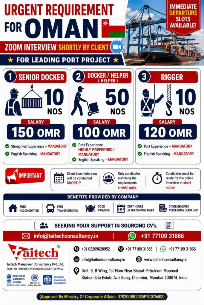 Oman Port Project Jobs 2026 – Urgent Recruitment | 70 Vacancies