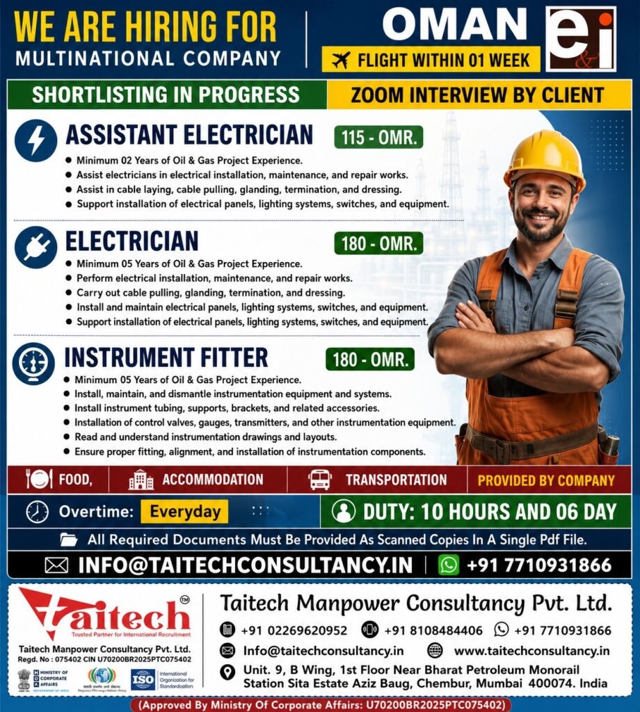 Oman Jobs 2026 – Assistant Electrician, Electrician & Instrument Fitter Vacancies Oman Jobs 2026 – Assistant Electrician, Electrician & Instrument Fitter Vacancies