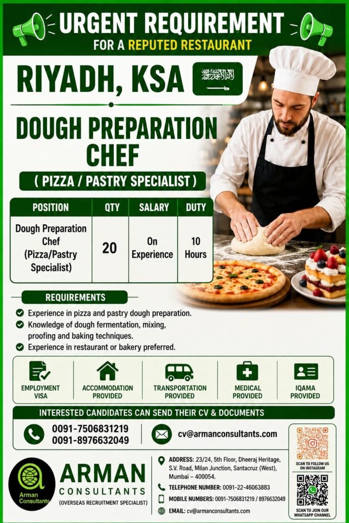 Saudi Arabia Jobs 2026 – 20 Dough Preparation Chef Vacancies in Riyadh