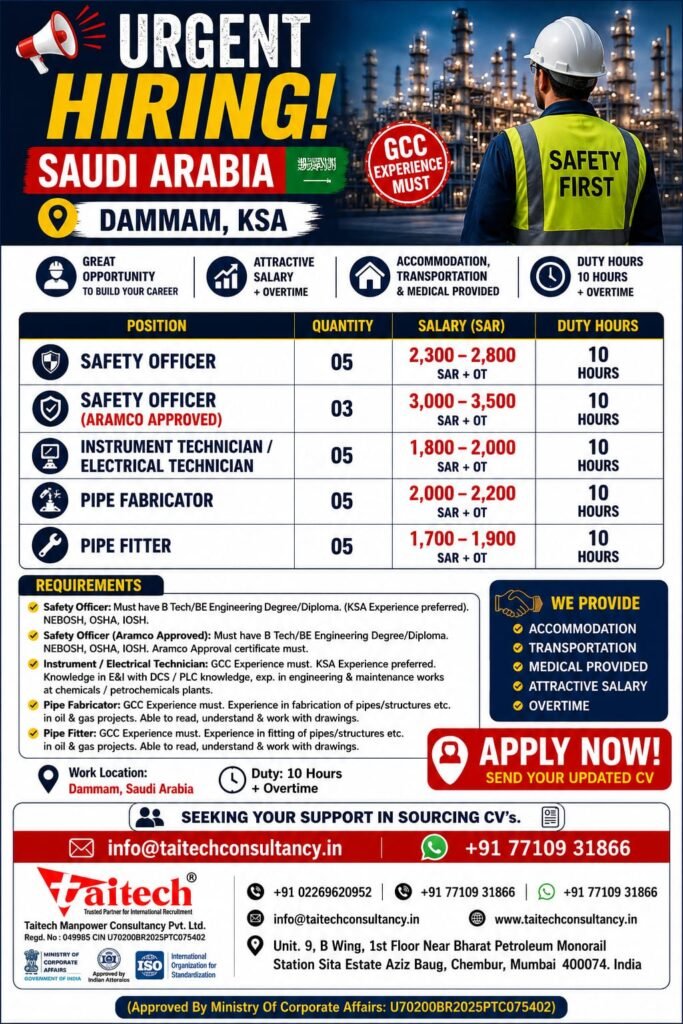 Saudi Arabia Jobs 2026 – Urgent Hiring in Dammam Saudi Arabia Jobs 2026 – Urgent Hiring in Dammam