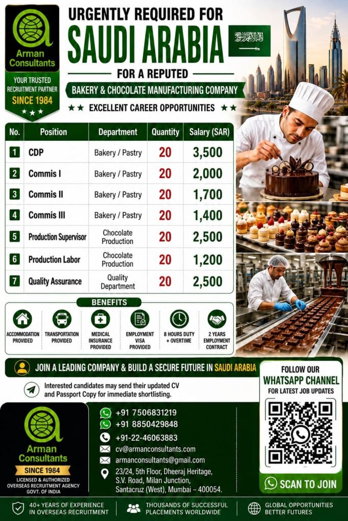 Saudi Arabia Jobs 2026 – Bakery & Chocolate Manufacturing Company Hiring Saudi Arabia Jobs 2026 – Bakery & Chocolate Manufacturing Company Hiring