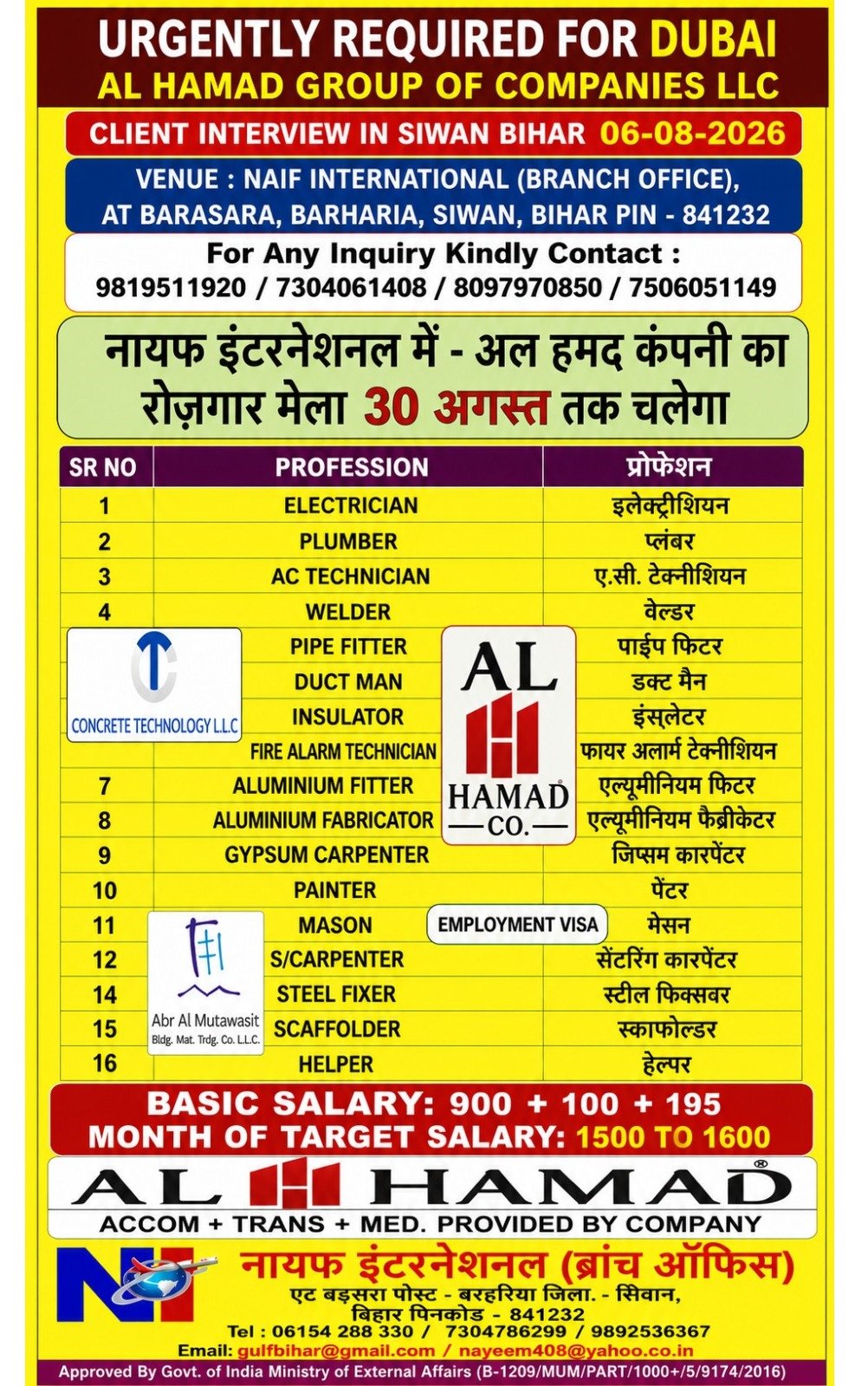 Dubai Jobs 2026 – Al Hamad Group Recruitment | Client Interview in Siwan, Bihar