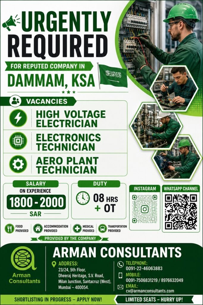 Dammam Jobs in Saudi Arabia 2026 – High Voltage Electrician, Electronics & Aero Plant Technician