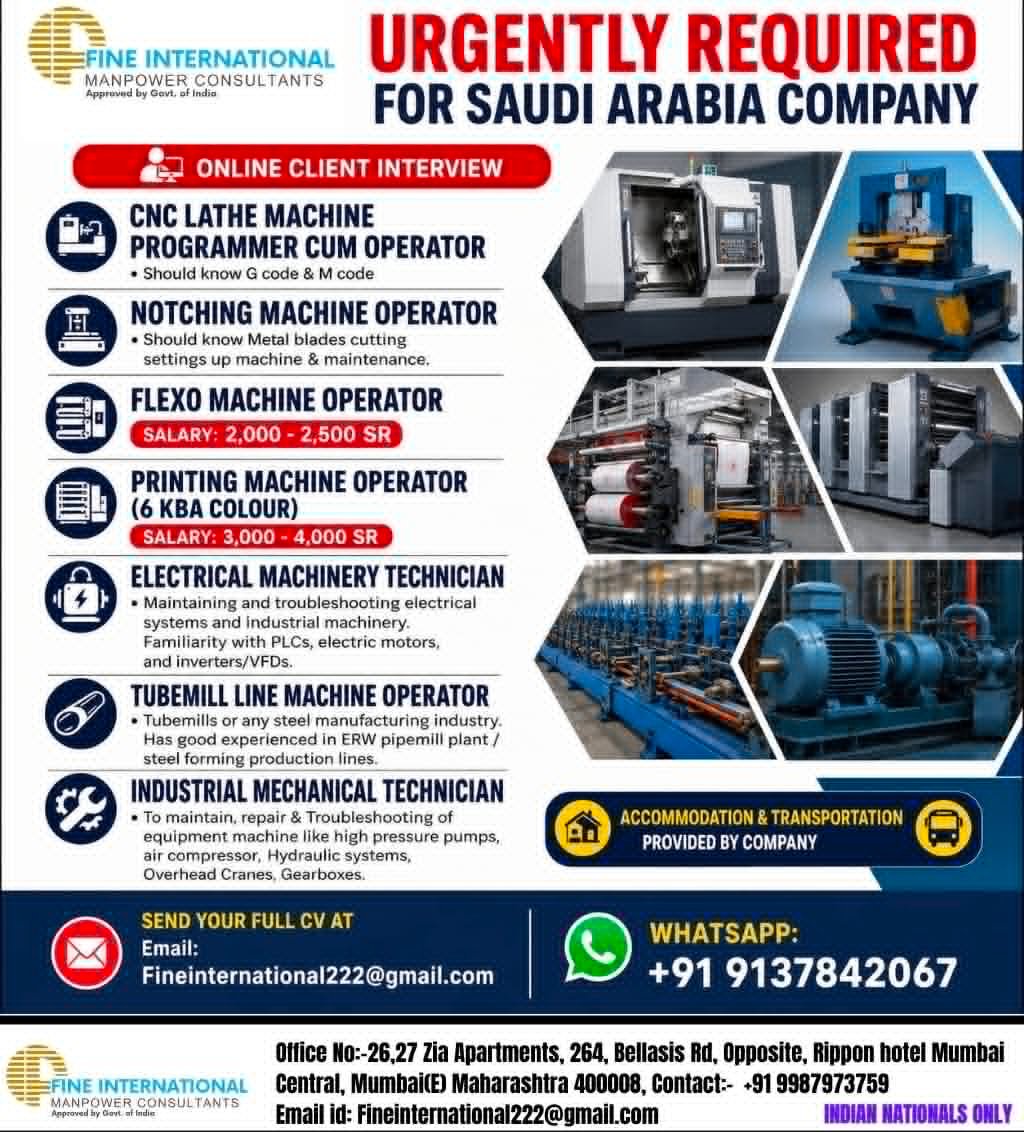 Saudi Arabia Jobs 2026 – Hiring For industrial machinery, engineering and production operations