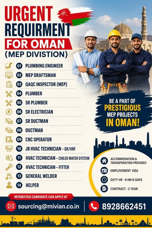 Oman MEP Jobs 2026 – Plumbing Engineer, HVAC Technician, Electrician & More | Apply Now