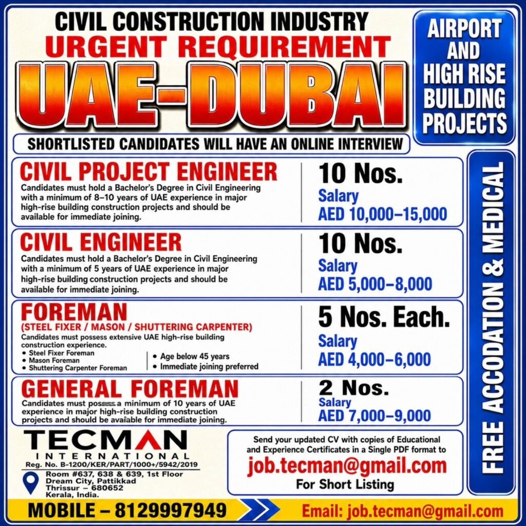 Dubai Jobs 2026 – Airport and High-Rise Building Projects | Apply Now