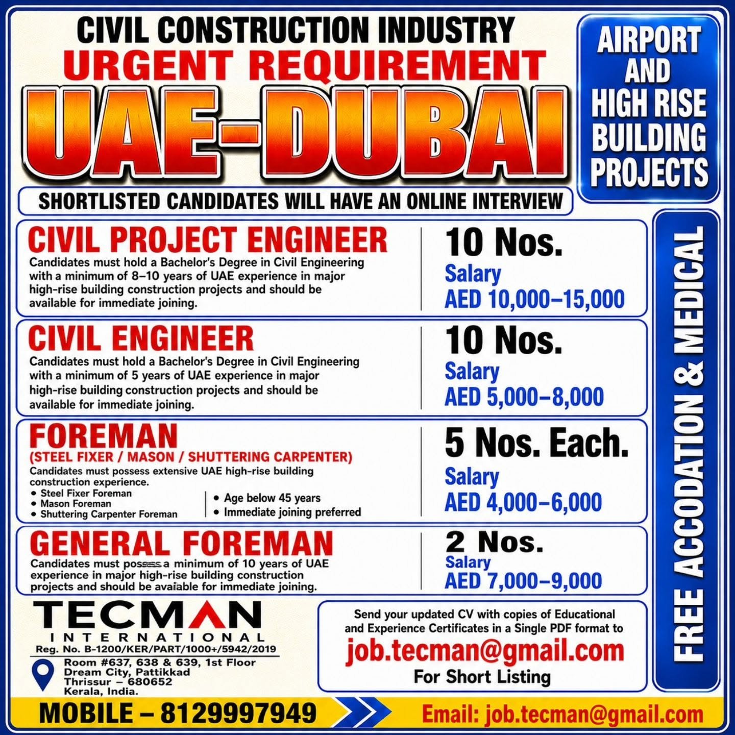 Dubai Jobs 2026 – Airport and High-Rise Building Projects | Apply Now