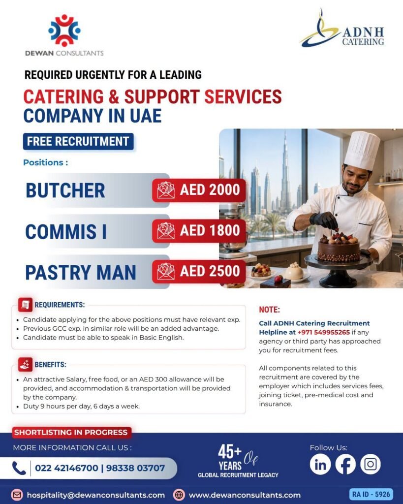 UAE : hiring for a leading Catering & Support Services Company