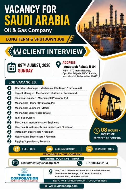 Saudi Arabia Oil & Gas Jobs 2026 | Shutdown & Long-Term Project Vacancies