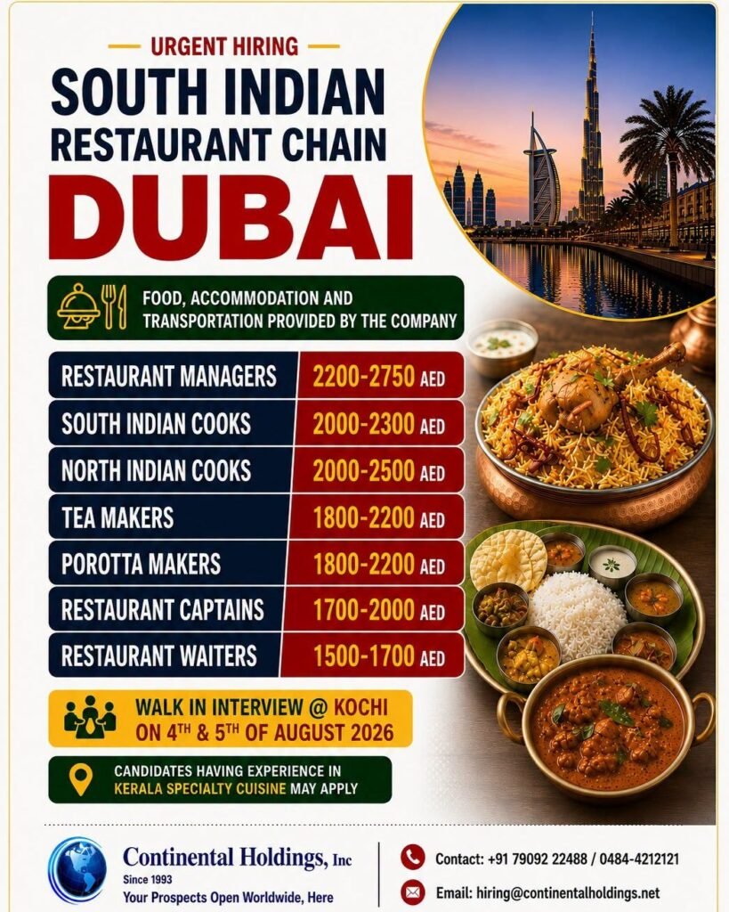 Urgent Hiring | South Indian Restaurant Chain – Dubai Urgent Hiring | South Indian Restaurant Chain – Dubai