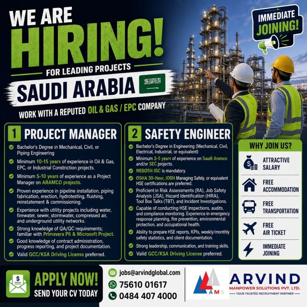 Saudi Arabia : Hiring Project Manager and Safety Engineers for leading Oil & Gas / EPC projects 