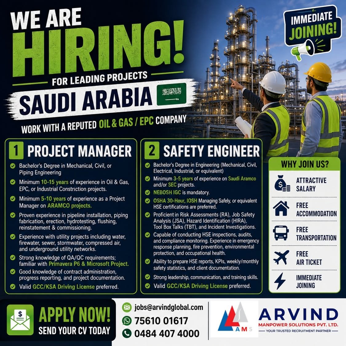 Saudi Arabia : Hiring Project Manager and Safety Engineers for leading Oil & Gas / EPC projects