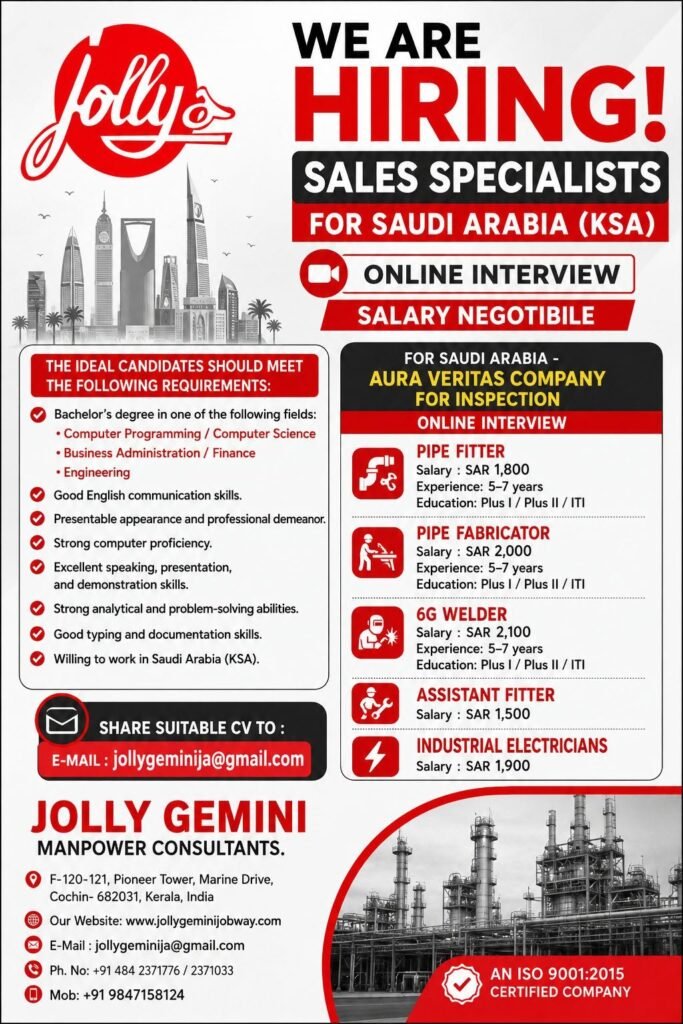 Saudi Arabia Jobs 2026 – Sales Specialists & Industrial Vacancies | Online Interview