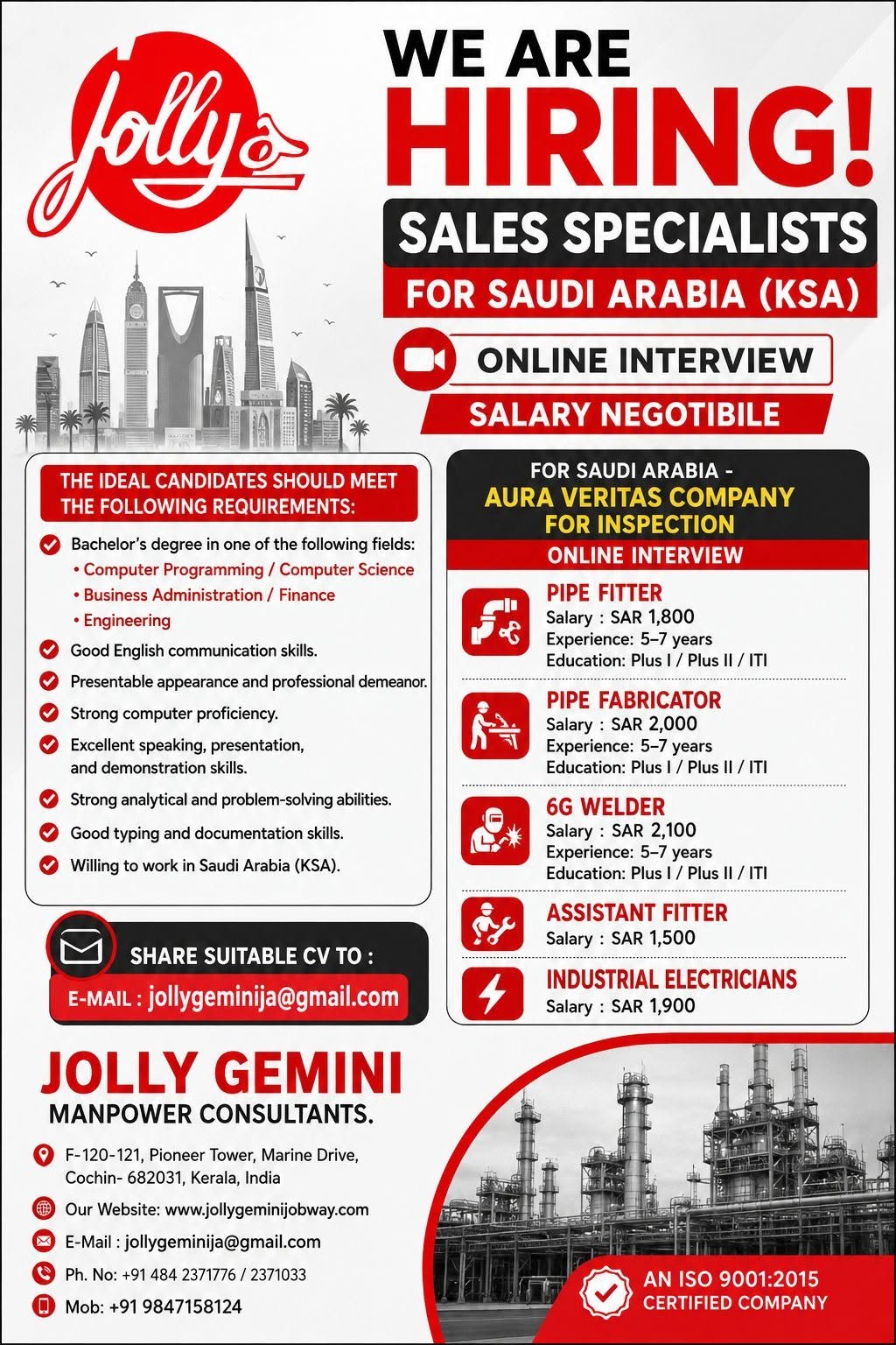 Saudi Arabia Jobs 2026 – Sales Specialists & Industrial Vacancies | Online Interview