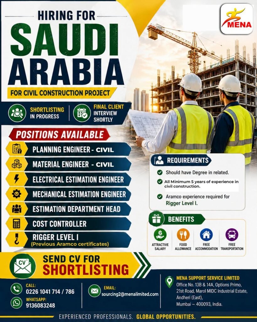 Hiring for Saudi Arabia | Civil Construction Project Hiring for Saudi Arabia | Civil Construction Project