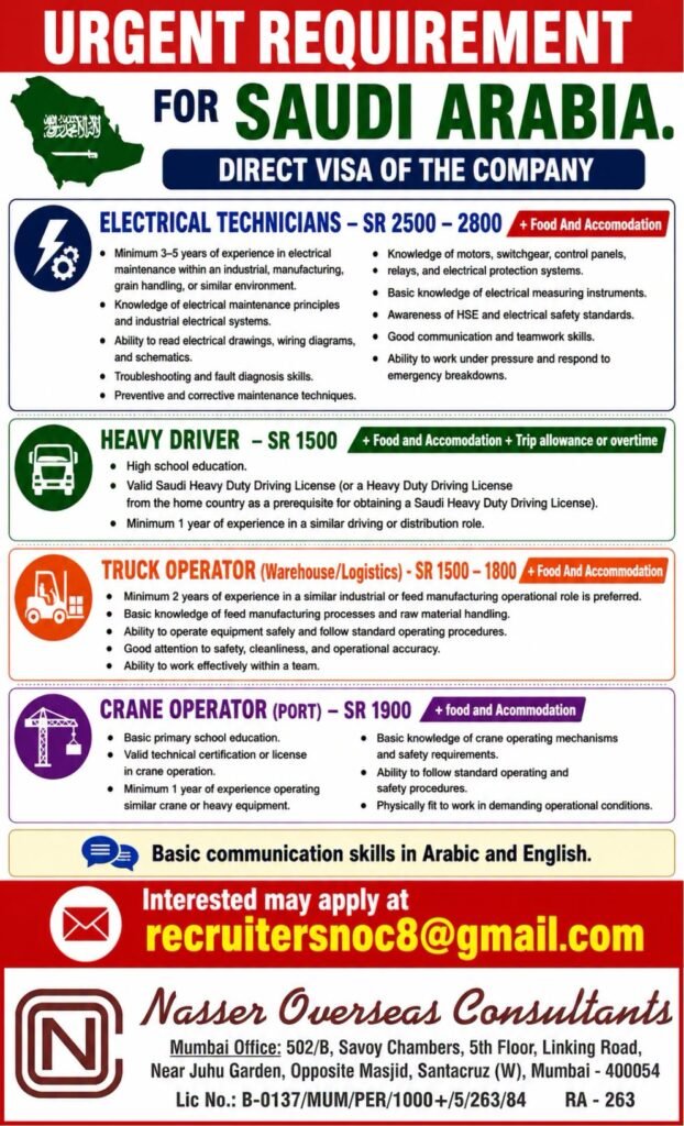Saudi Arabia Jobs 2026 – Electrical Technician, Heavy Driver, Truck Operator & Crane Operator | Direct Company Visa Saudi Arabia Jobs 2026 – Electrical Technician, Heavy Driver, Truck Operator & Crane Operator | Direct Company Visa
