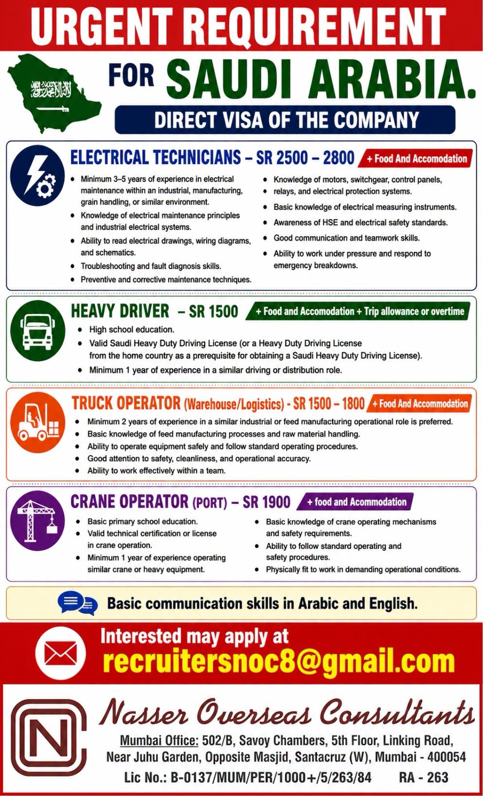 Saudi Arabia Jobs 2026 – Electrical Technician, Heavy Driver, Truck Operator & Crane Operator | Direct Company Visa