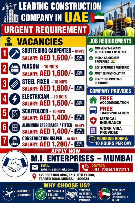 UAE Construction Jobs 2026 | Shuttering Carpenter, Mason, Steel Fixer & Electrician Vacancies | Immediate Hiring