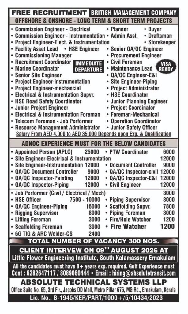 UAE Mass Hiring | British Management Company Offshore & Onshore Jobs 2026 | Free Recruitment 