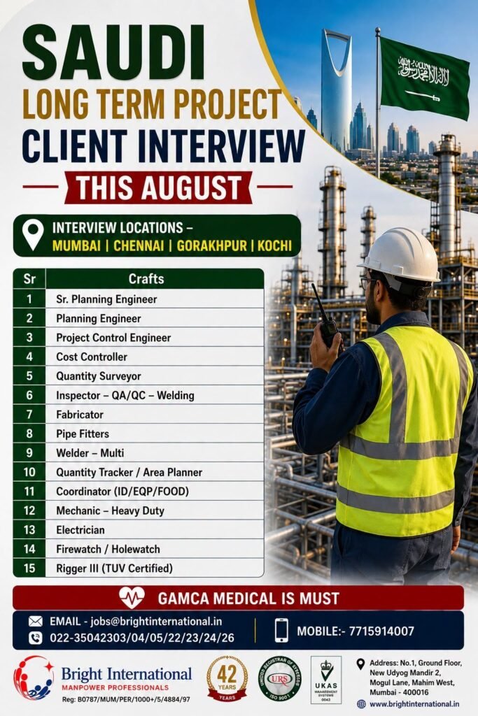 Saudi Arabia Long Term Project Jobs 2026 | Client Interview in August