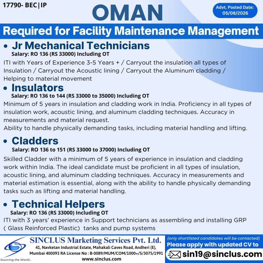 Urgent Hiring for OMAN - Facility Maintenance Management 