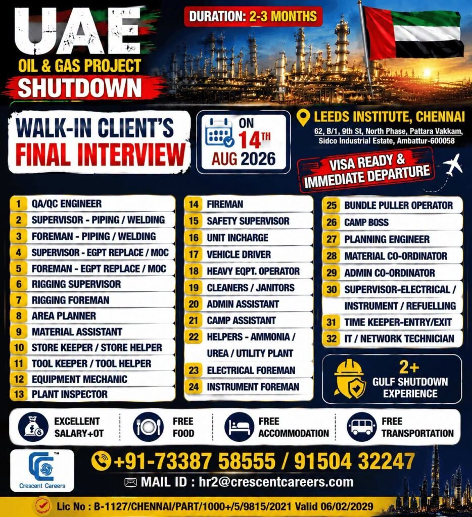 UAE Oil & Gas Shutdown Jobs 2026 | Walk-in Final Client Interview 