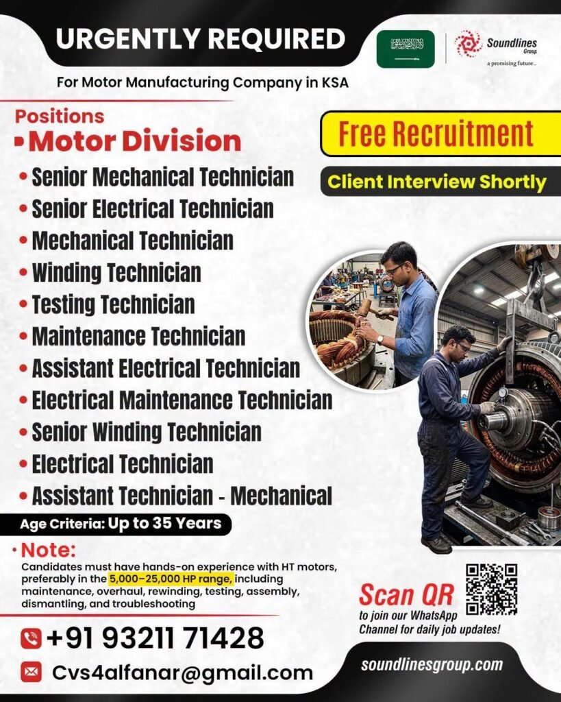 Hiring For Motor Manufacturing Company in Saudi Arabia