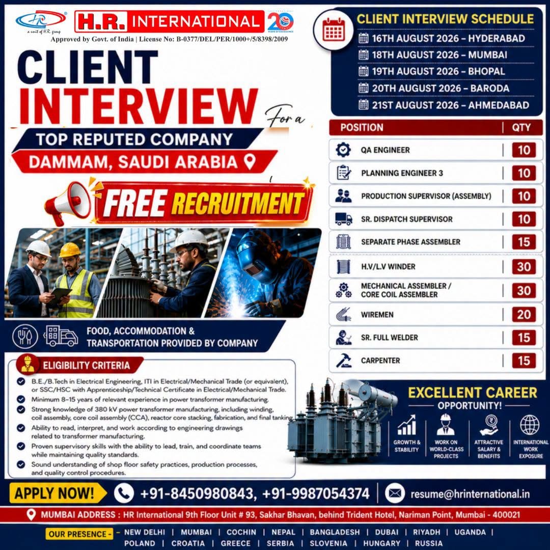 Dammam Saudi Arabia Jobs 2026 | Free Recruitment | Multiple Engineering & Technician Vacancies