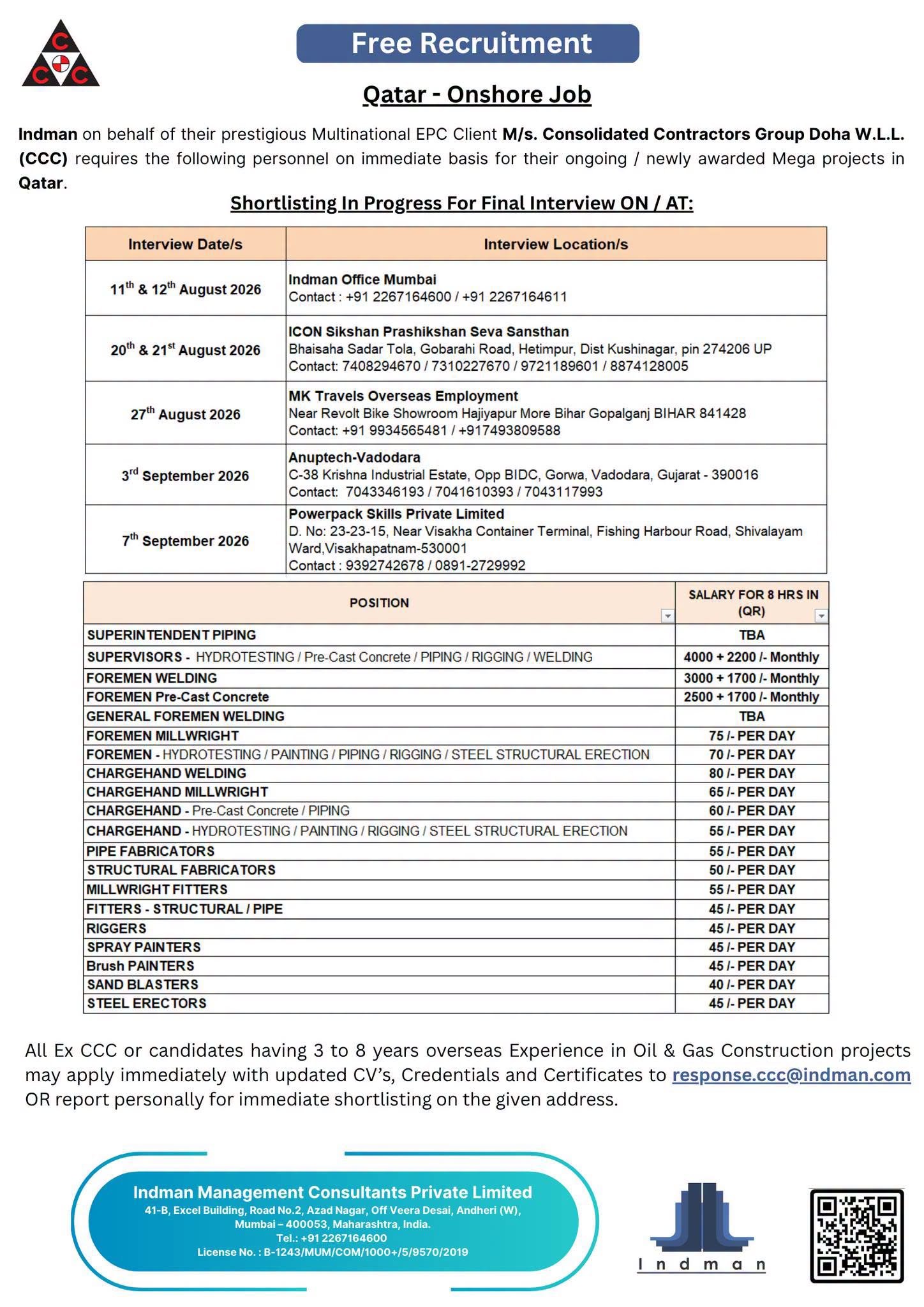 Qatar Onshore Oil & Gas Jobs 2026 | Free Recruitment | CCC Doha W.L.L.  