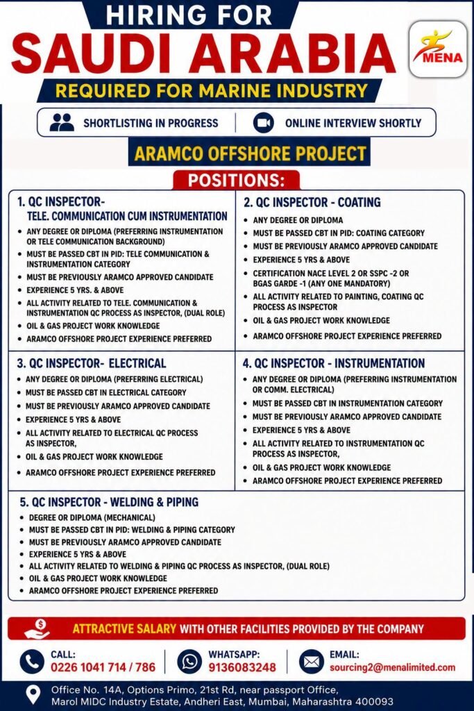 Hiring for Saudi Arabia – Aramco Offshore Project