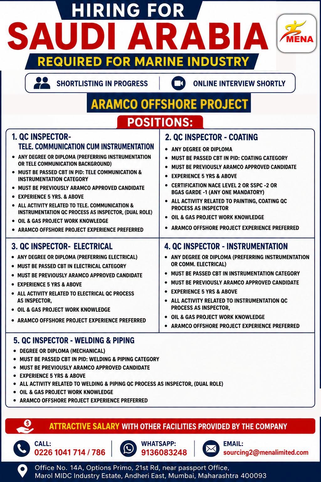 Hiring for Saudi Arabia – Aramco Offshore Project