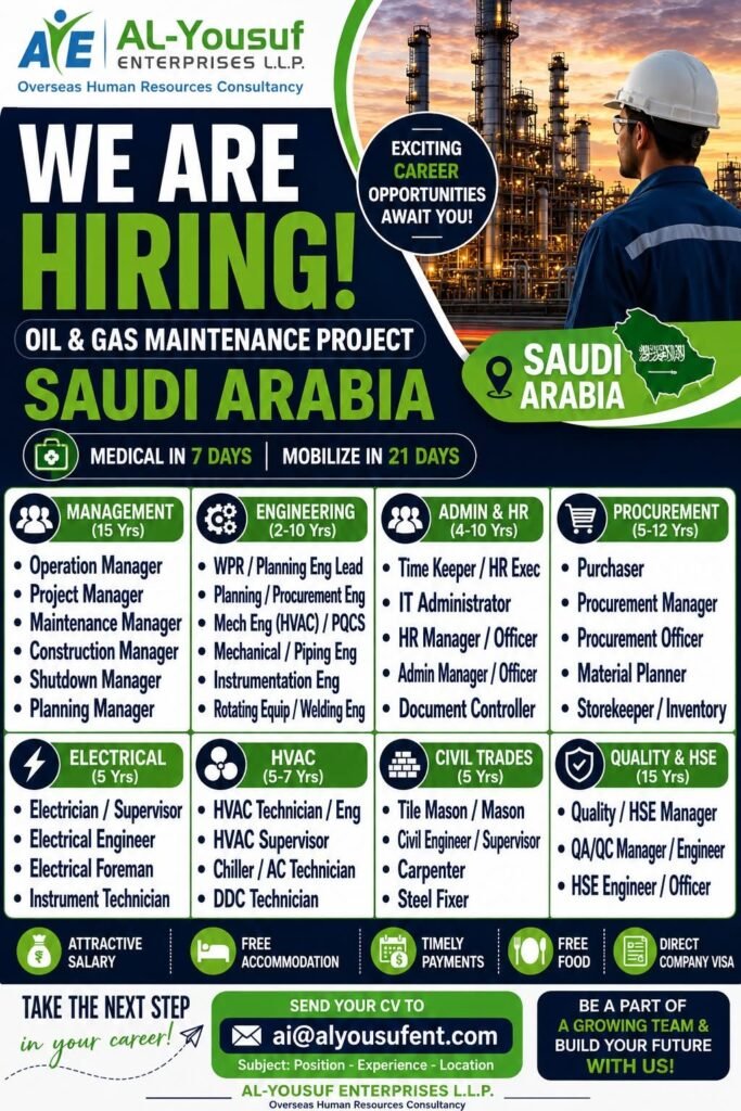 Saudi Arabia Oil & Gas Maintenance Project Jobs 2026 | Bulk Vacancies