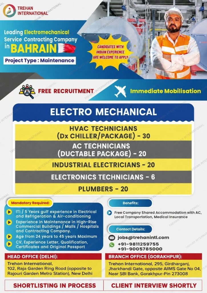 Bahrain Jobs 2026 – Electro Mechanical Vacancies for HVAC, Electrical, Electronics & Plumbing Technicians