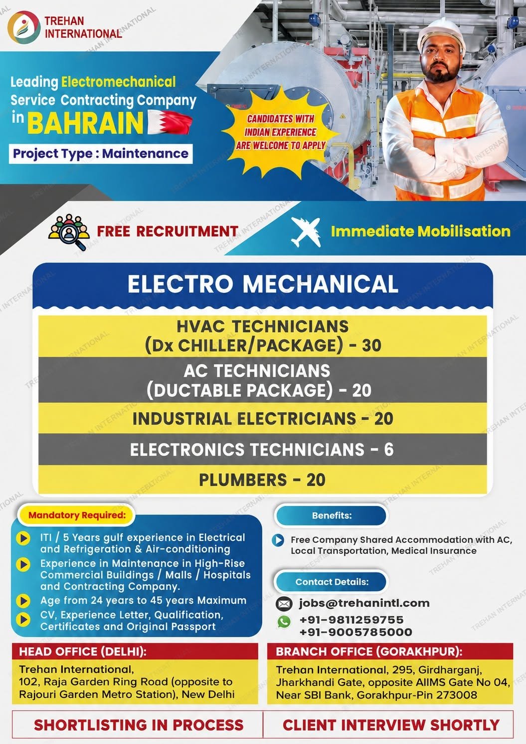 Bahrain Jobs 2026 – Electro Mechanical Vacancies for HVAC, Electrical, Electronics & Plumbing Technicians