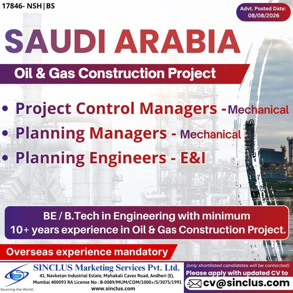 Saudi Arabia Jobs 2026 – Oil & Gas Construction Project Recruitment