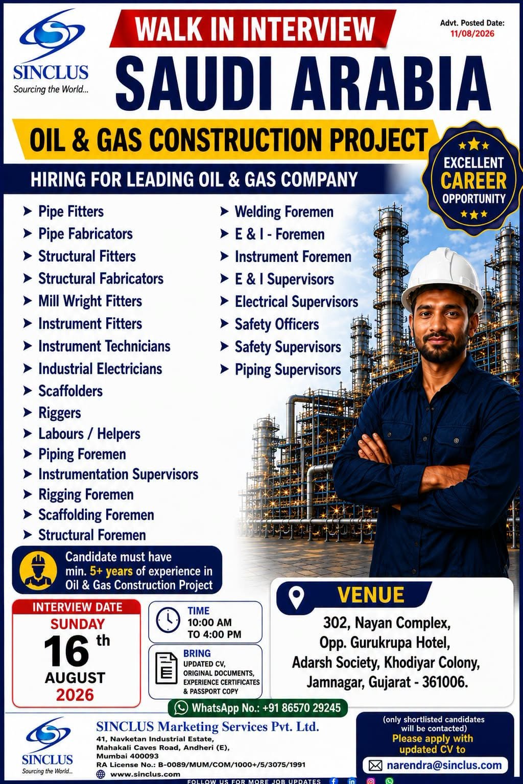 Saudi Arabia Jobs 2026 – Oil & Gas Construction Project Walk-In Interview