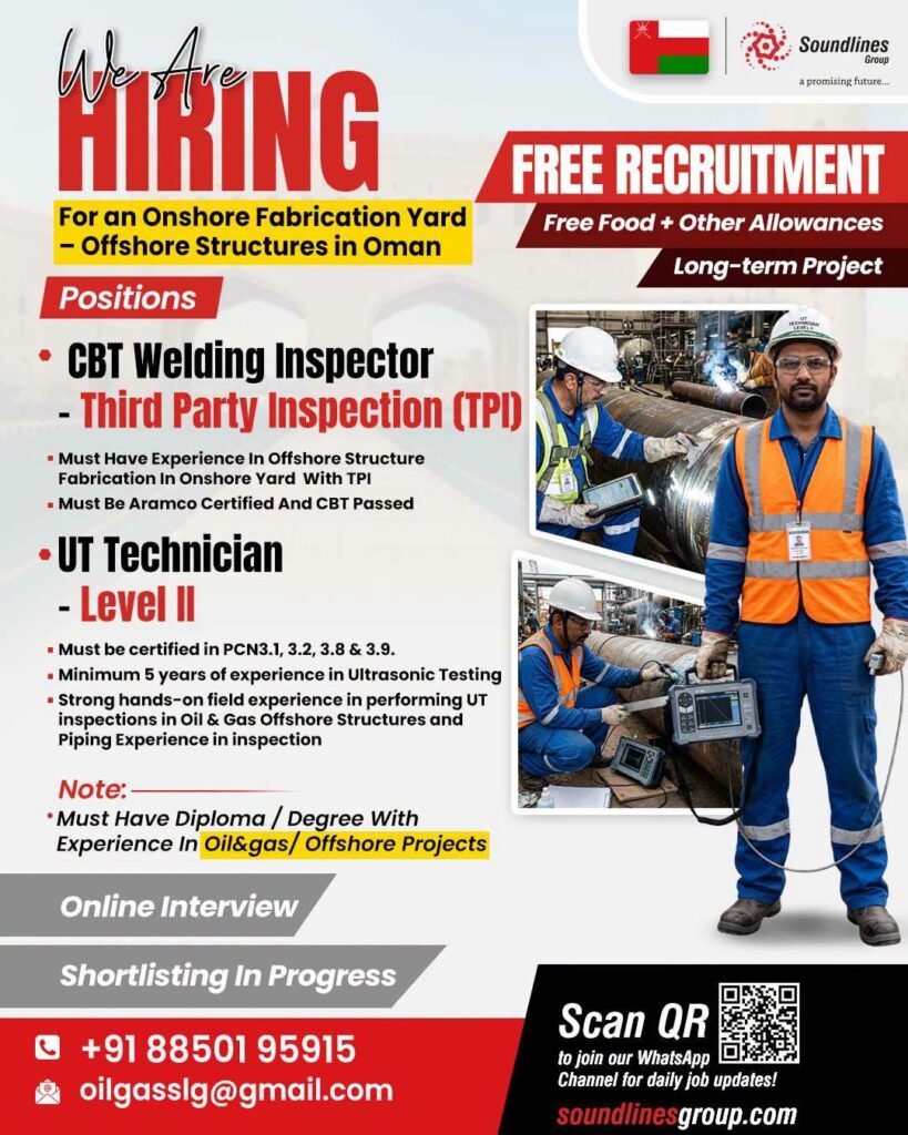 Free Recruitment For an Onshore Fabrication Yard Offshore Structures in Oman