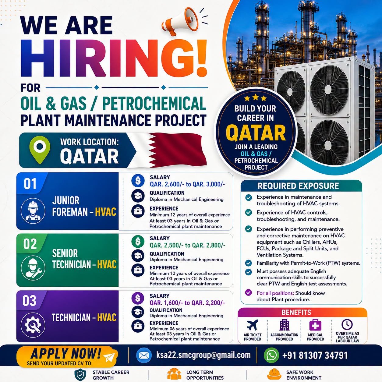 Qatar : hiring experienced HVAC professionals for a leading Oil & Gas / Petrochemical Plant Maintenance Project 