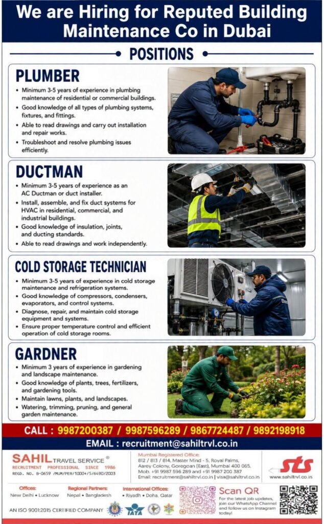 UAE - hiring for a reputed Building Maintenance Company in Dubai.