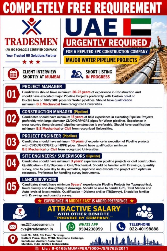 UAE Pipeline Project Jobs 2026 – Urgent Vacancies for Engineers, Surveyors & Managers